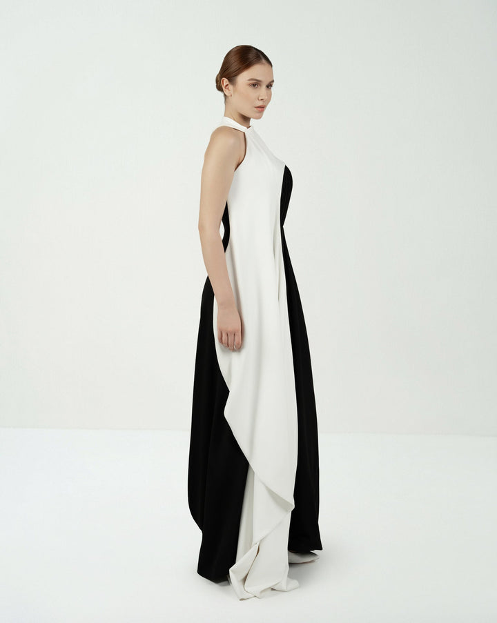 Pleated column dress with asymmetrical cape - ODD-VOREN
