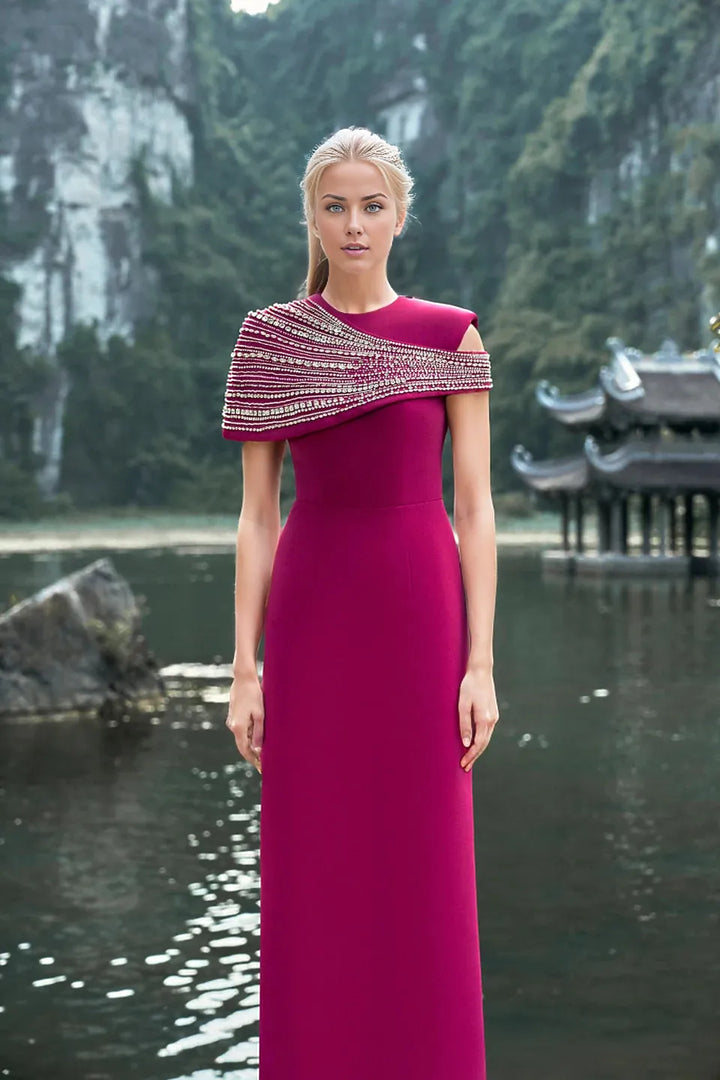 embellished asymmetric cape gown – Lornal