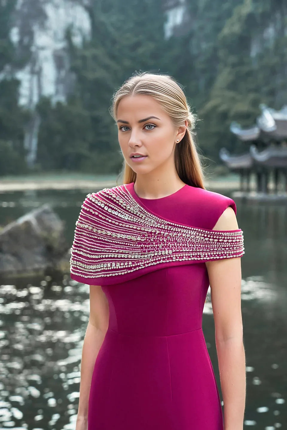 embellished asymmetric cape gown – Lornal-1