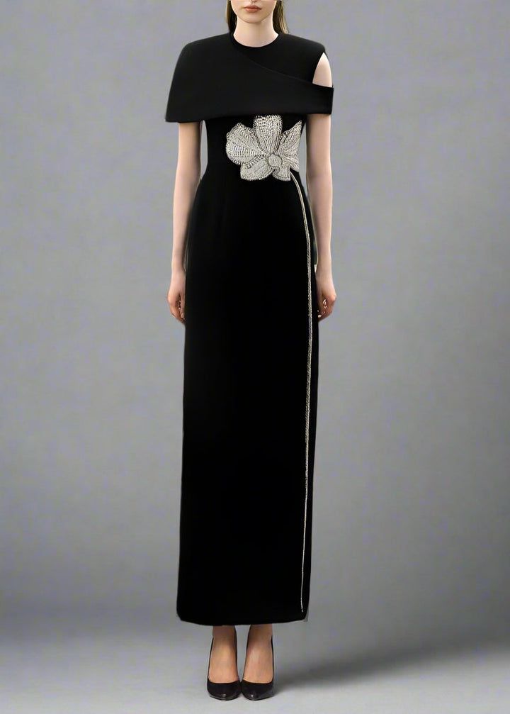 One-shoulder column dress with floral embellishment - OBSIDIAN