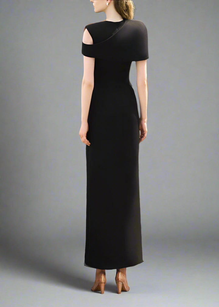 One-shoulder column dress with floral embellishment - OBSIDIAN