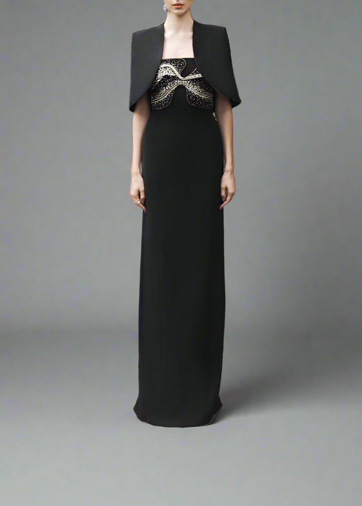 Strapless Column Dress with Embellished Cape - AURA