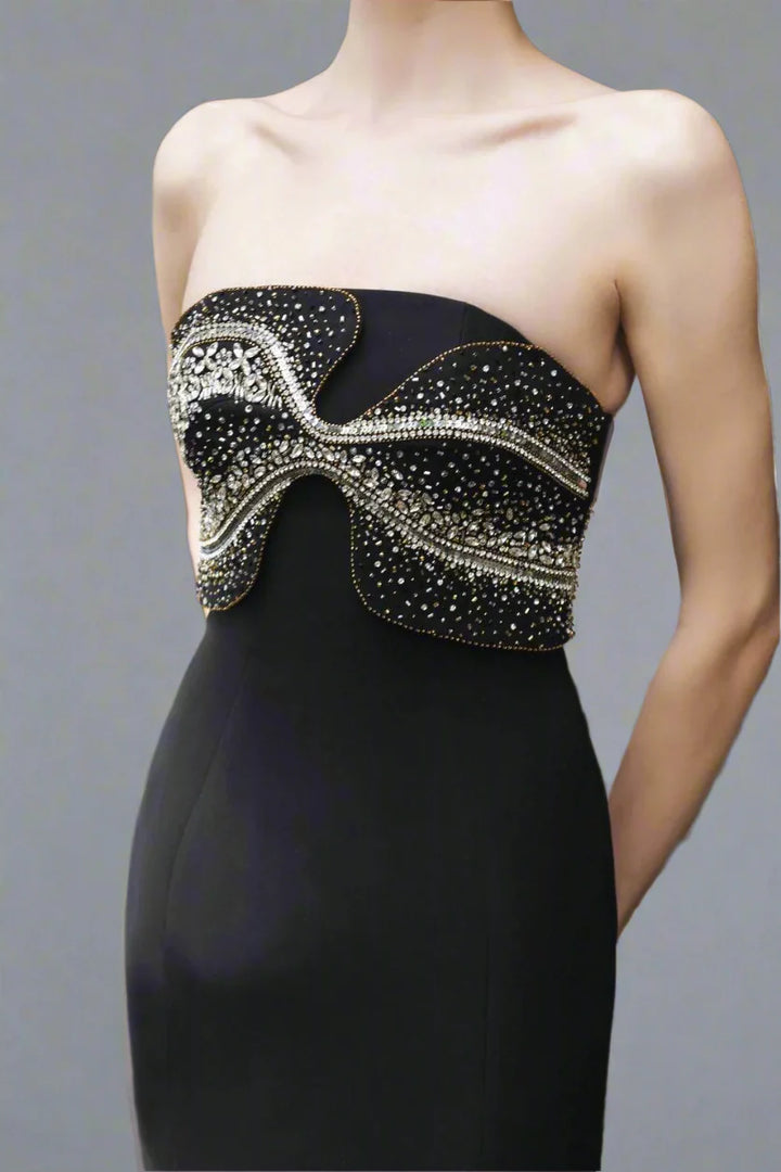 Strapless Column Dress with Embellished Cape - AURA