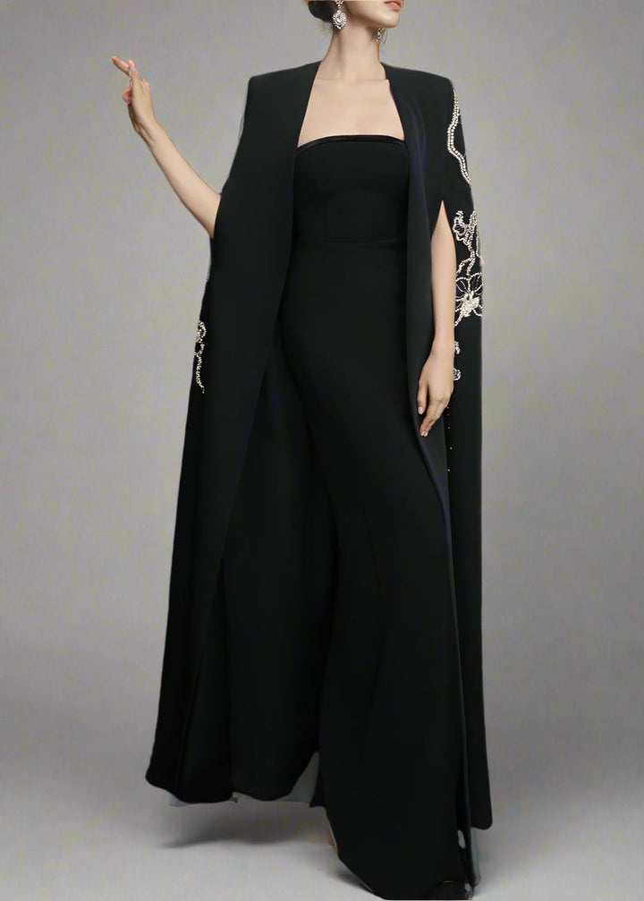 Strapless Column Dress with Embellished Cape - NOIR