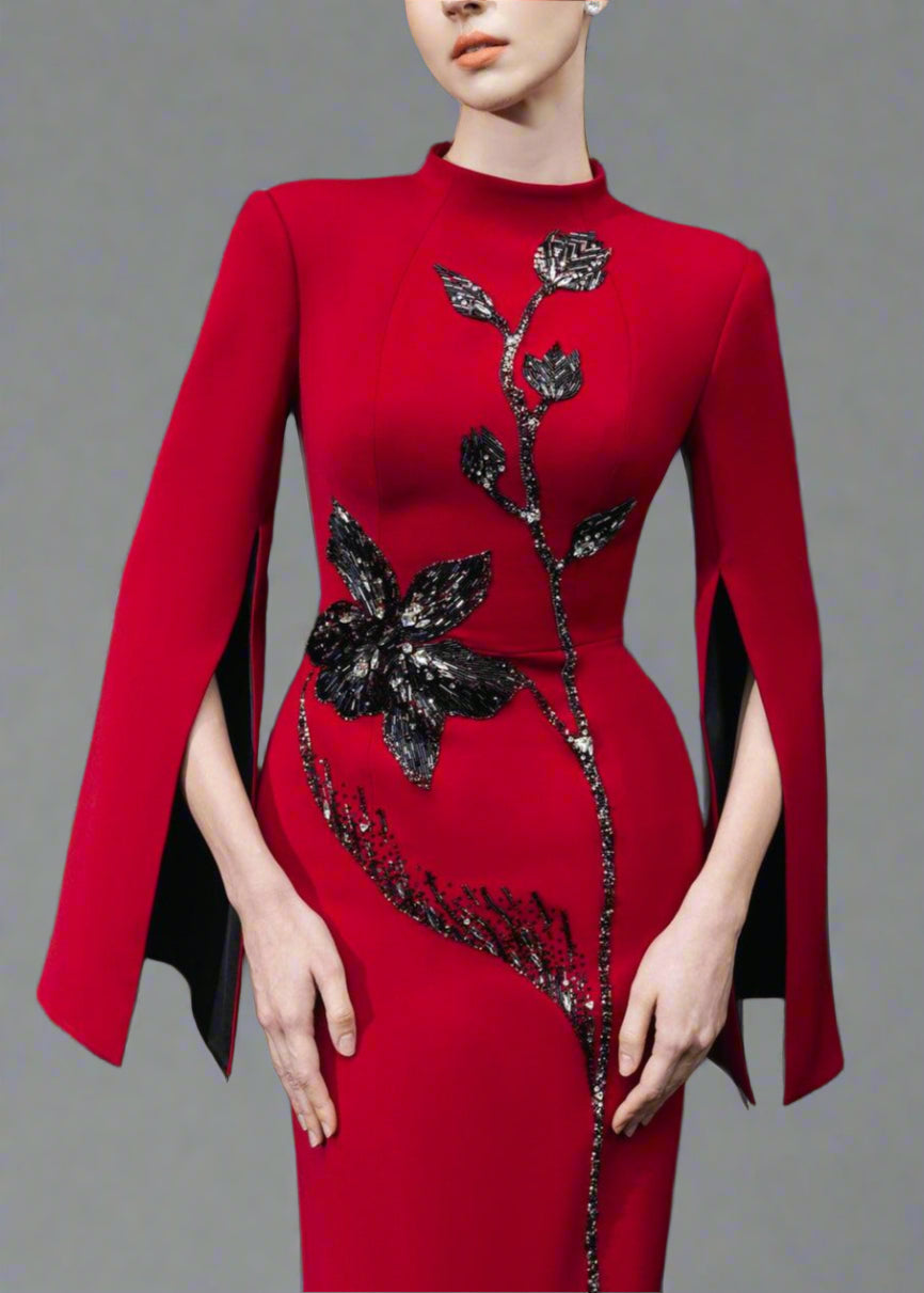 Long-sleeve column dress with floral sequin embellishment - Cecilia-1