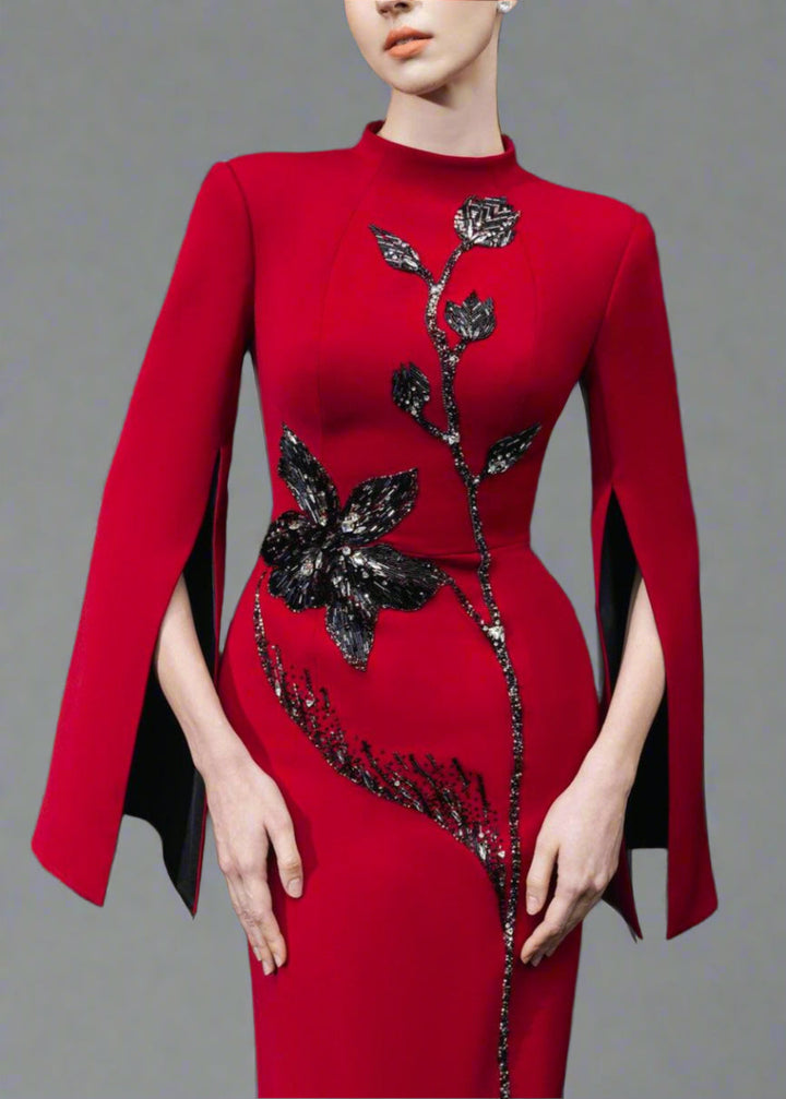 Long-sleeve column dress with floral sequin embellishment - Cecilia-1