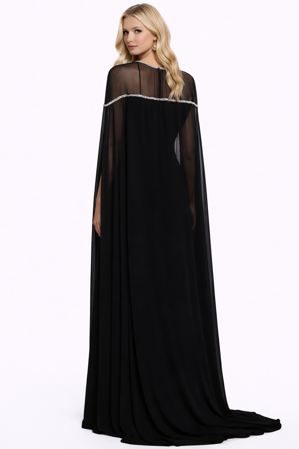 sheer neckline gown with embellished cape sleeves – GLAMOUR