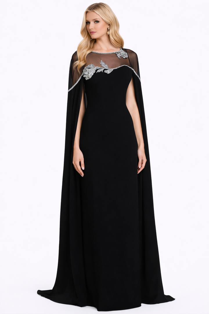 sheer neckline gown with embellished cape sleeves – GLAMOUR