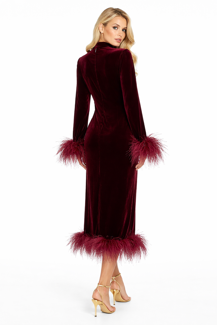 long sleeve velvet midi dress with feather trim – BURER