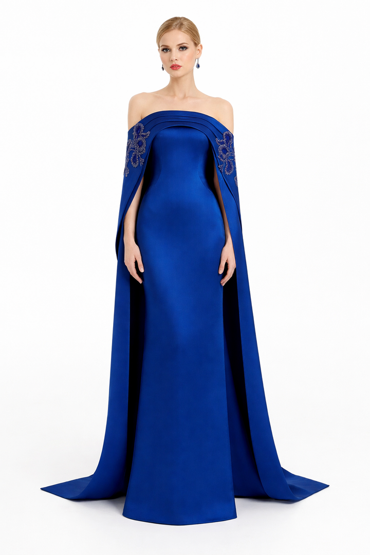 strapless column gown with embroidered cape overlay – VEIL