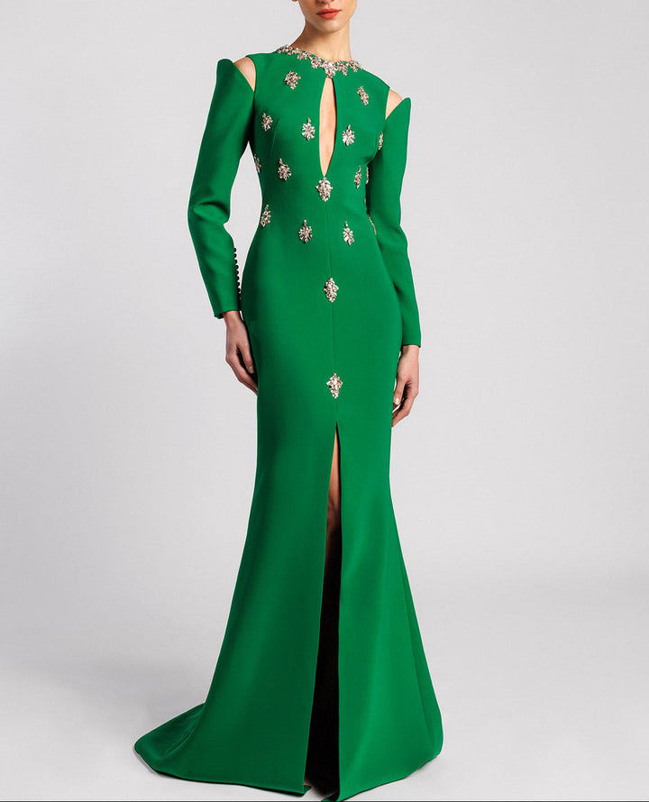 Long Sleeve Embellished Gown with Front Slit - NOIIR-1