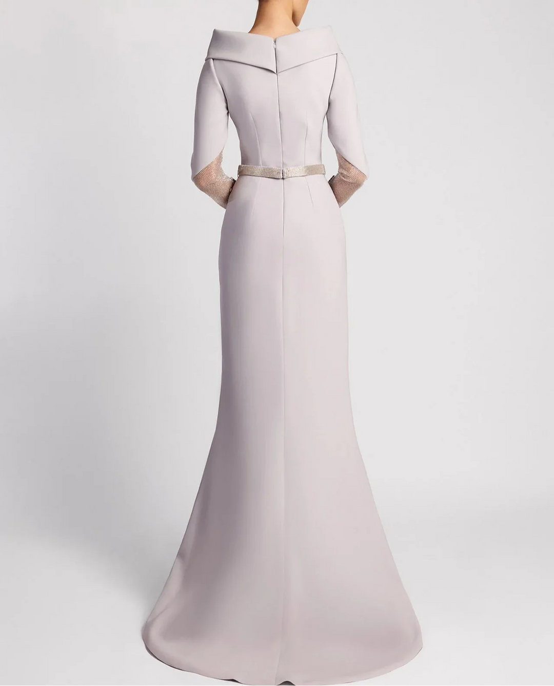 Off-shoulder gown with sheer embellished sleeves and slit – SELVI-1