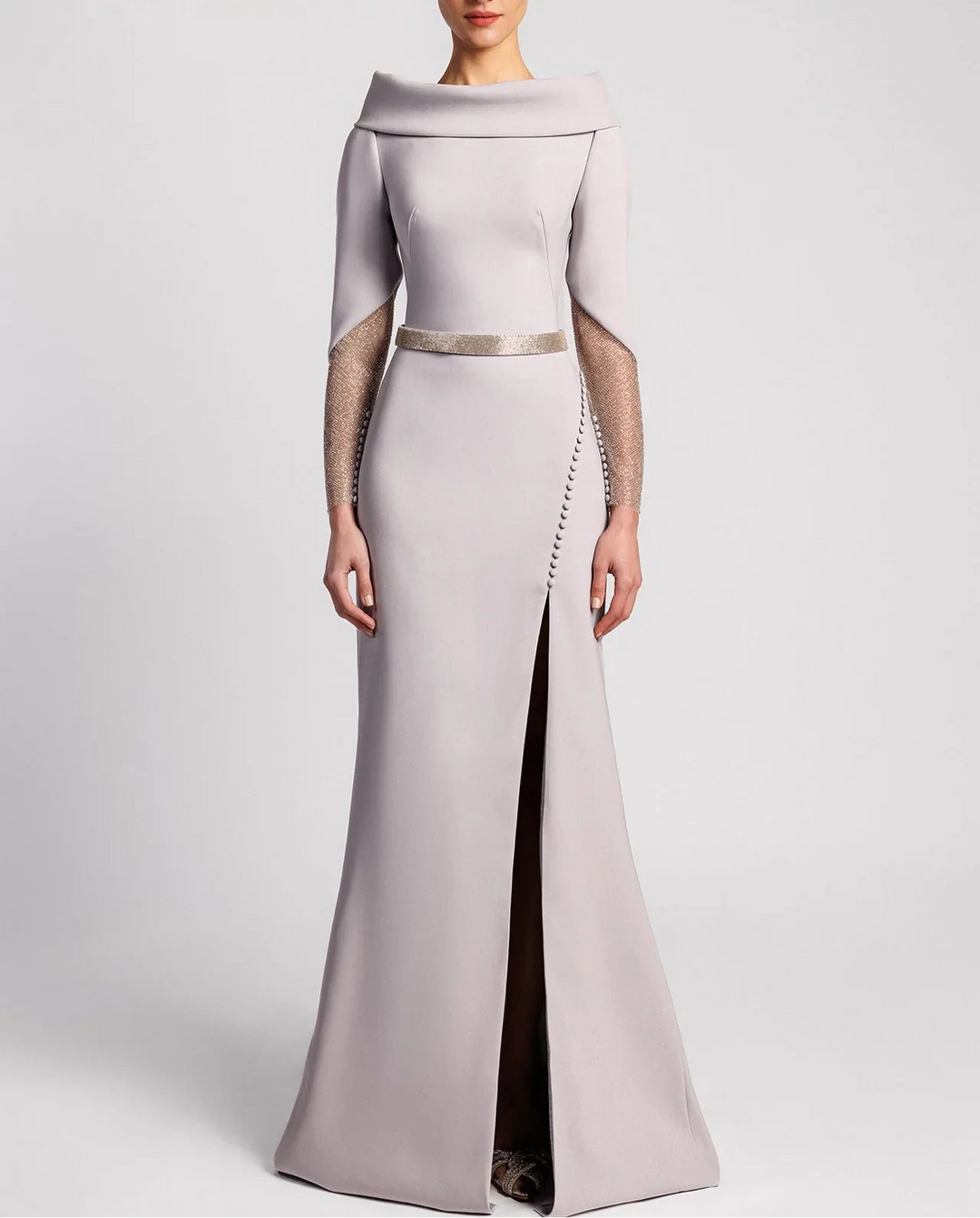 Off-shoulder gown with sheer embellished sleeves and slit – SELVI-1