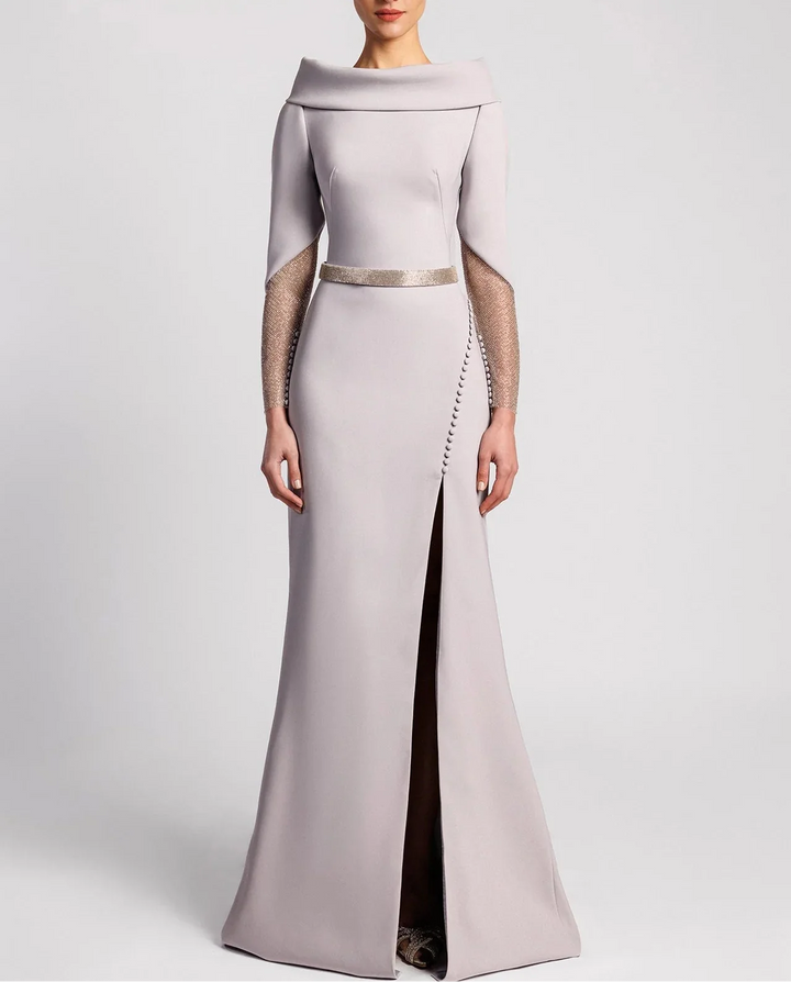 Off-shoulder gown with sheer embellished sleeves and slit – SELVI-1