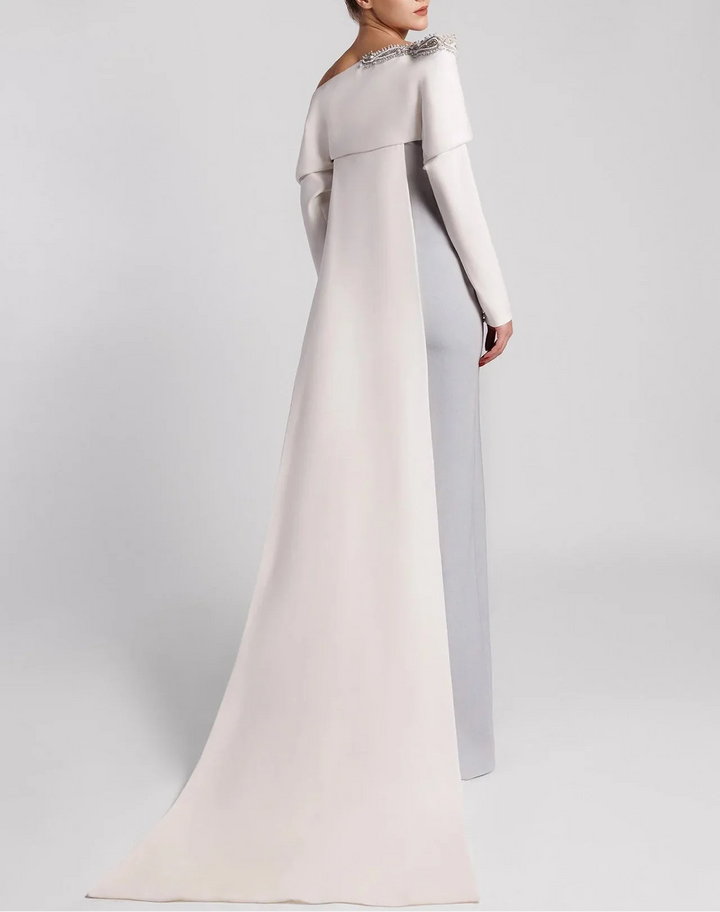 Asymmetrical column dress with structured draped sleeve – NOVII-1