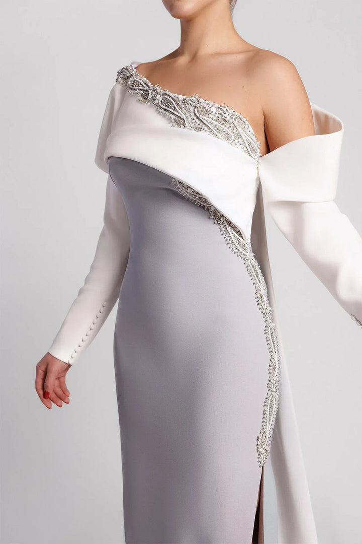 Asymmetrical column dress with structured draped sleeve – NOVII-1