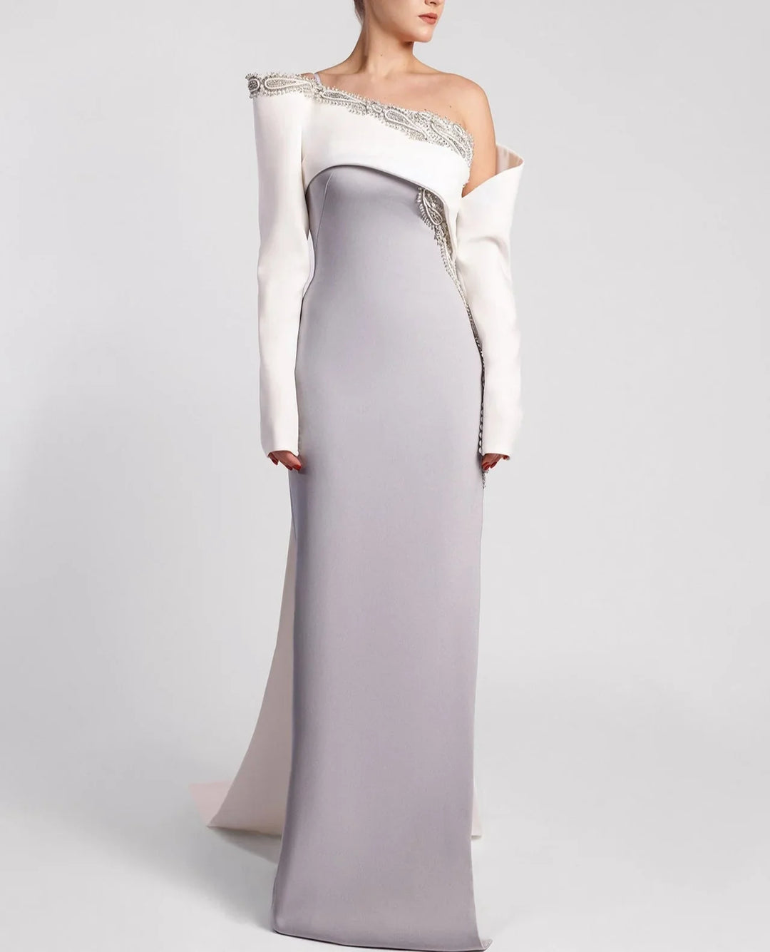 Asymmetrical column dress with structured draped sleeve – NOVII-1