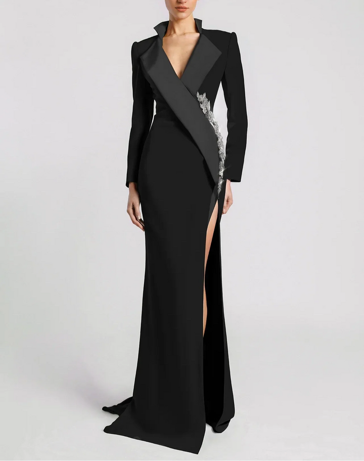 Long Sleeve Blazer-Inspired Gown with Lace Detail and Thigh Slit - VERA-1