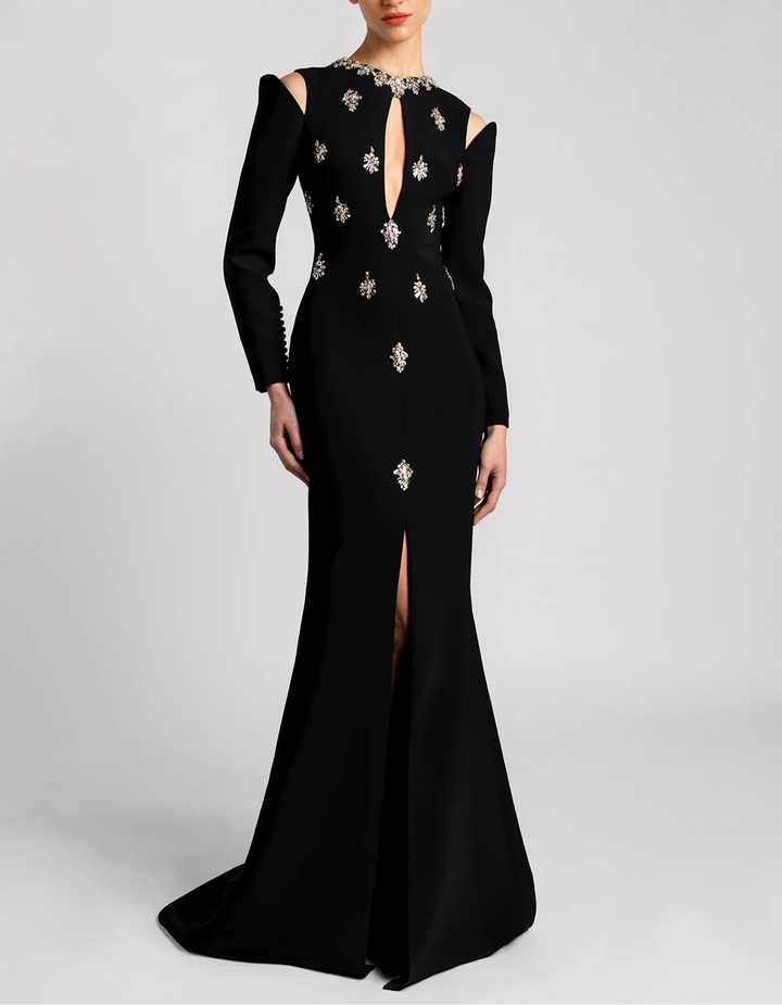 Long Sleeve Embellished Gown with Front Slit - NOIIR-1