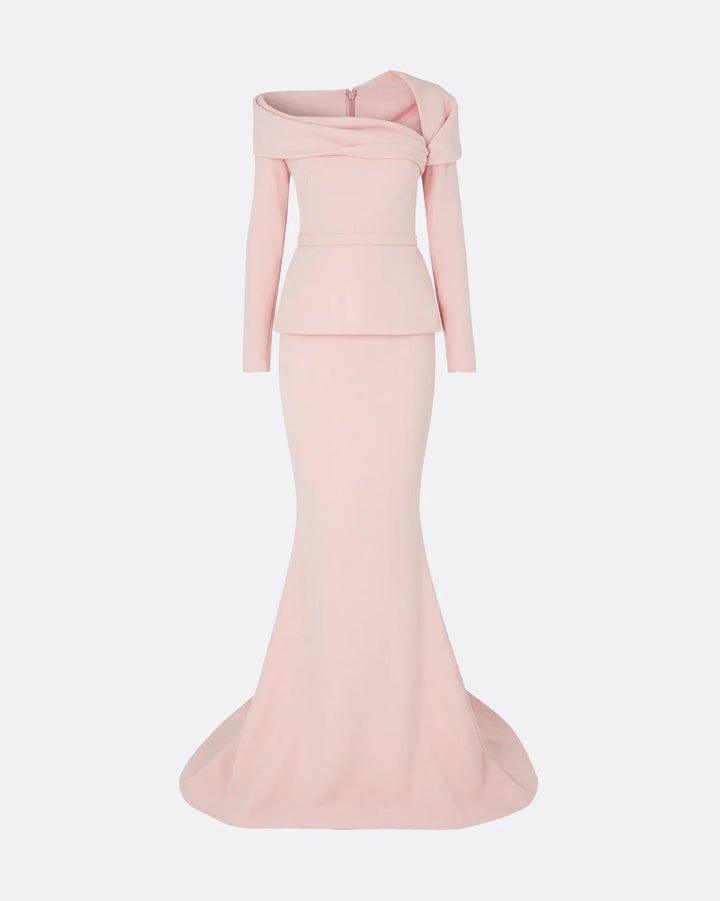 off-shoulder draped gown with peplum waist – SERENL-1