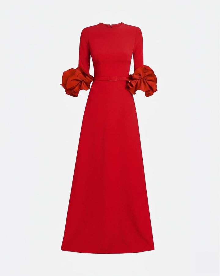 belted maxi dress with organza ruffle cuffs – NAVELLA
