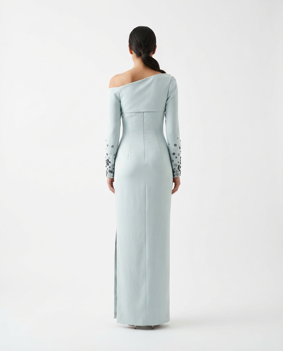 off-shoulder embellished column gown – ODD- AURA
