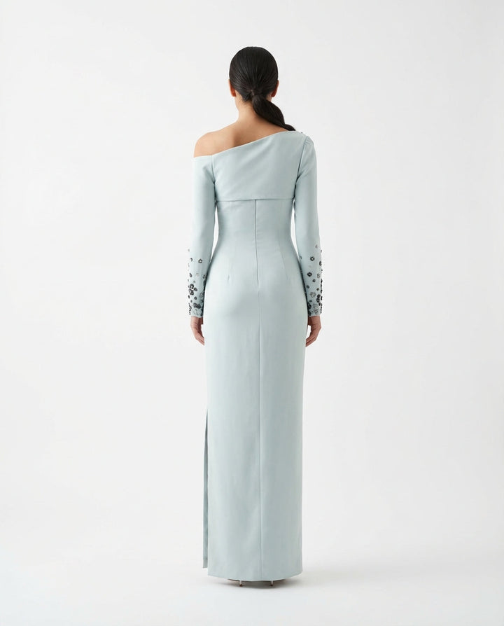 off-shoulder embellished column gown – AURA