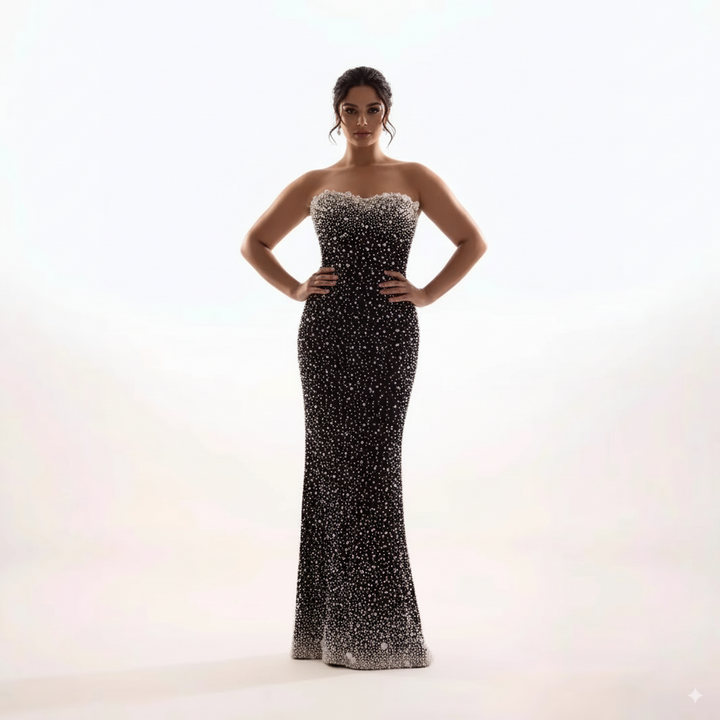 strapless column gown with pearl and crystal embellishments – AUROQSU-1