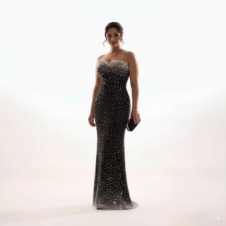 strapless column gown with pearl and crystal embellishments – AUROQSU-1