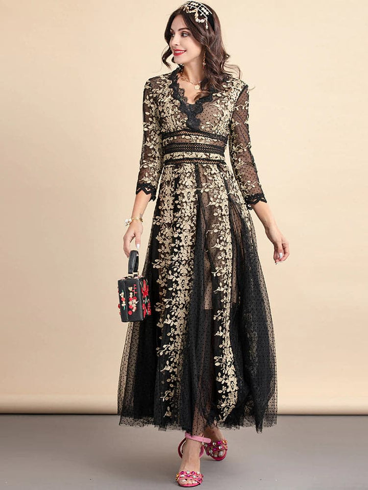 lace evening gown with gold floral embroidery –  ODD- Nafula