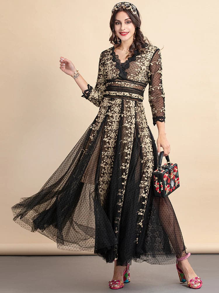 lace evening gown with gold floral embroidery –  ODD- Nafula
