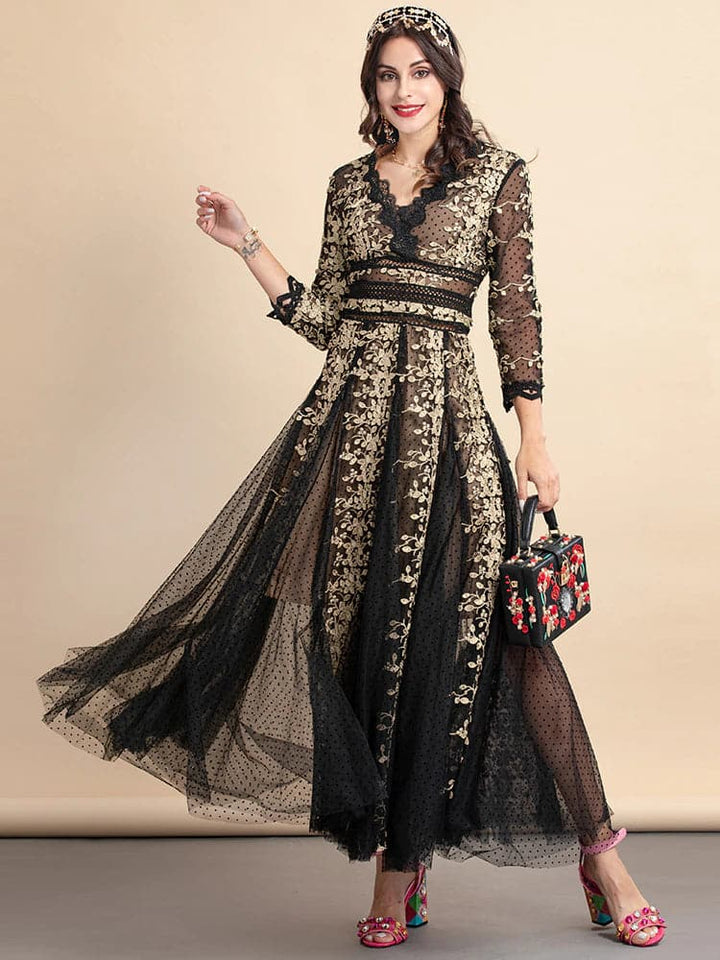 lace evening gown with gold floral embroidery –  ODD- Nafula