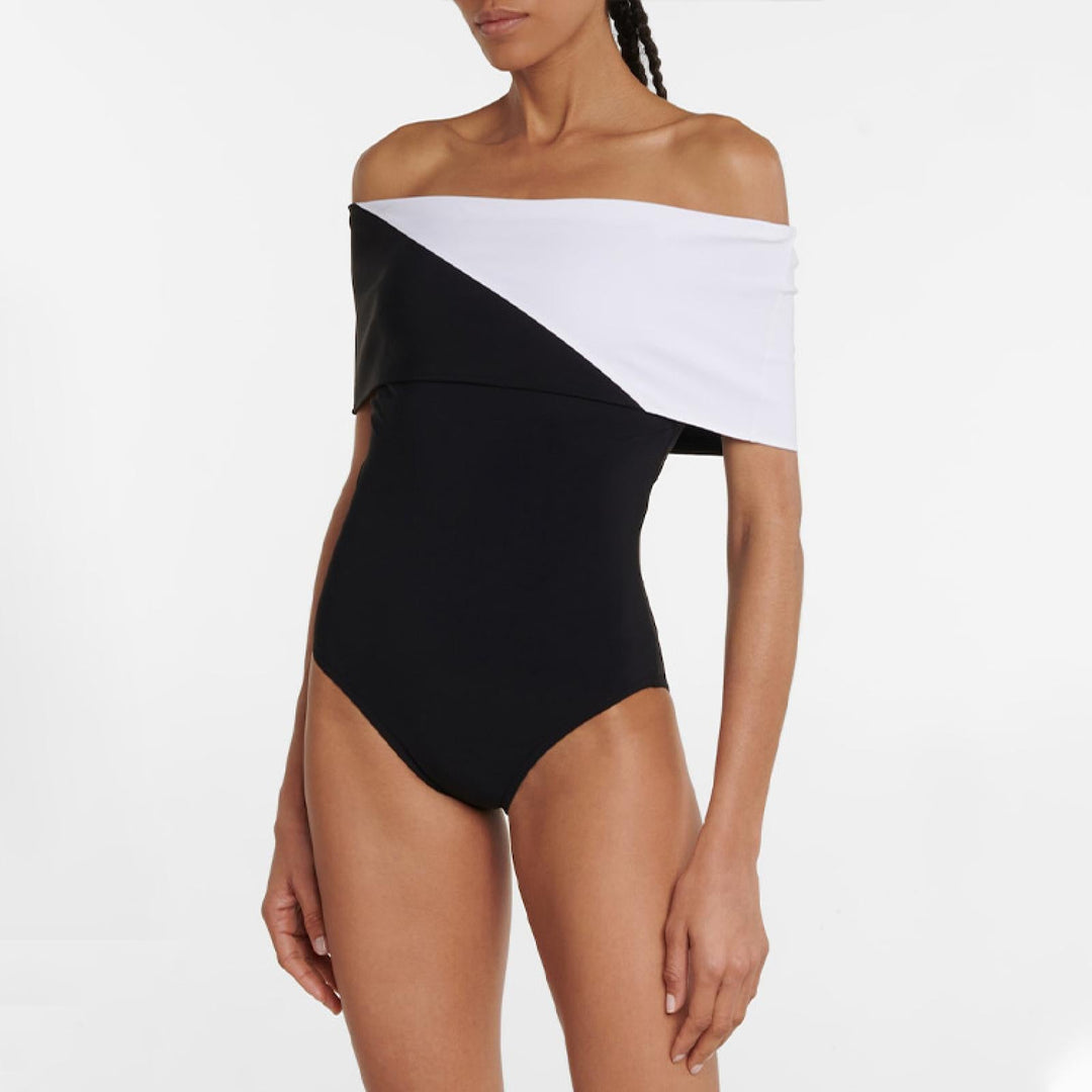off-shoulder contrast fold swimsuit with ruffle maxi skirt – ELEGANCE