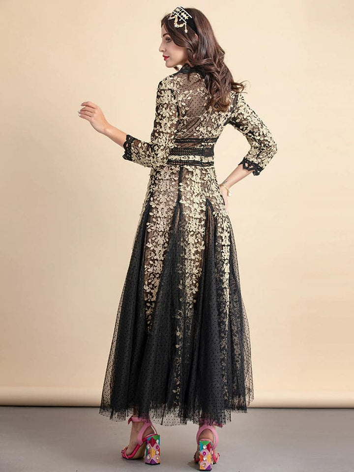 lace evening gown with gold floral embroidery –  ODD- Nafula
