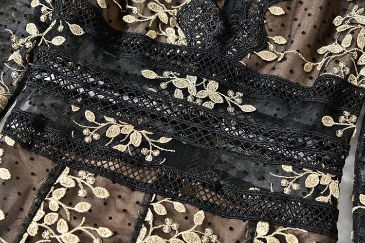 lace evening gown with gold floral embroidery –  ODD- Nafula
