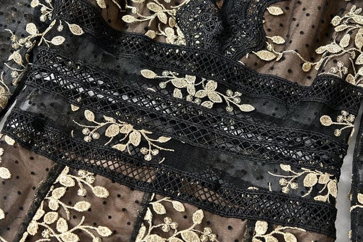 lace evening gown with gold floral embroidery –  ODD- Nafula