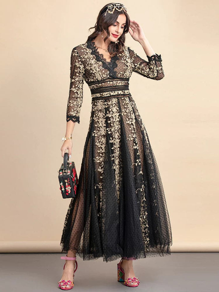 lace evening gown with gold floral embroidery –  ODD- Nafula