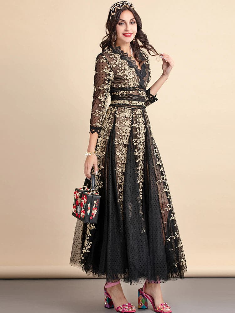 lace evening gown with gold floral embroidery –  ODD- Nafula