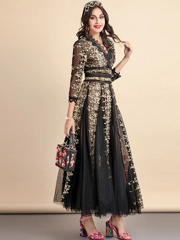 lace evening gown with gold floral embroidery –  ODD- Nafula