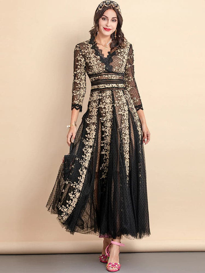 lace evening gown with gold floral embroidery –  ODD- Nafula