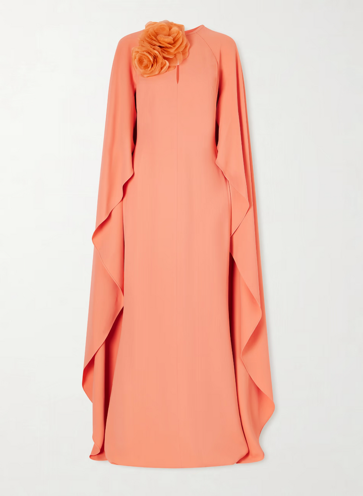 cape sleeve column dress with floral shoulder detail – CORAL