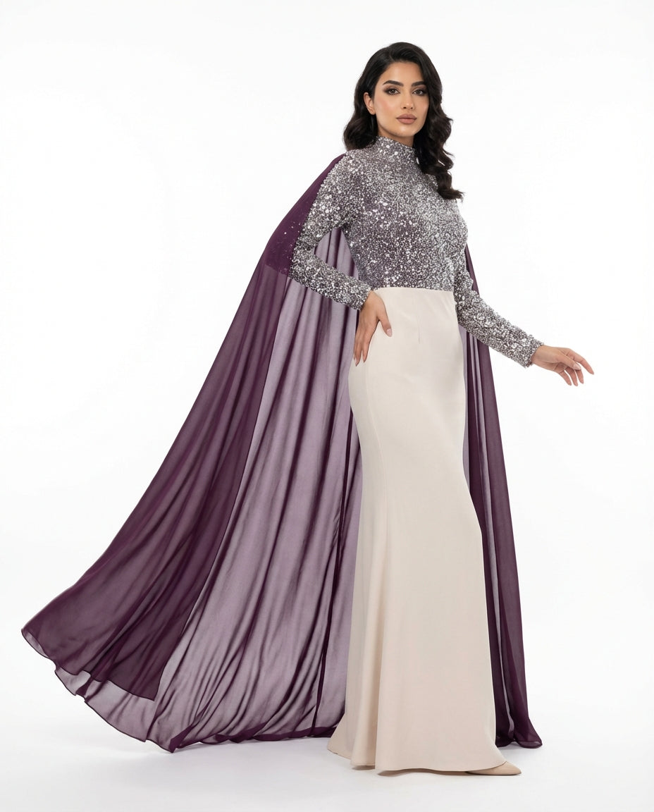 embellished high-neck maxi dress with flowing chiffon cape – ODD- ASHREF
