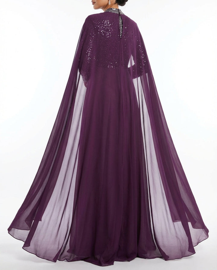 embellished high-neck maxi dress with flowing chiffon cape – ODD- ASHREF