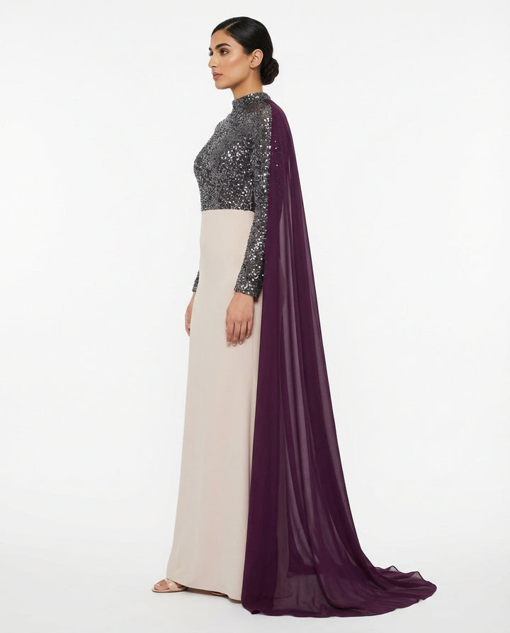 embellished high-neck maxi dress with flowing chiffon cape – ODD- ASHREF