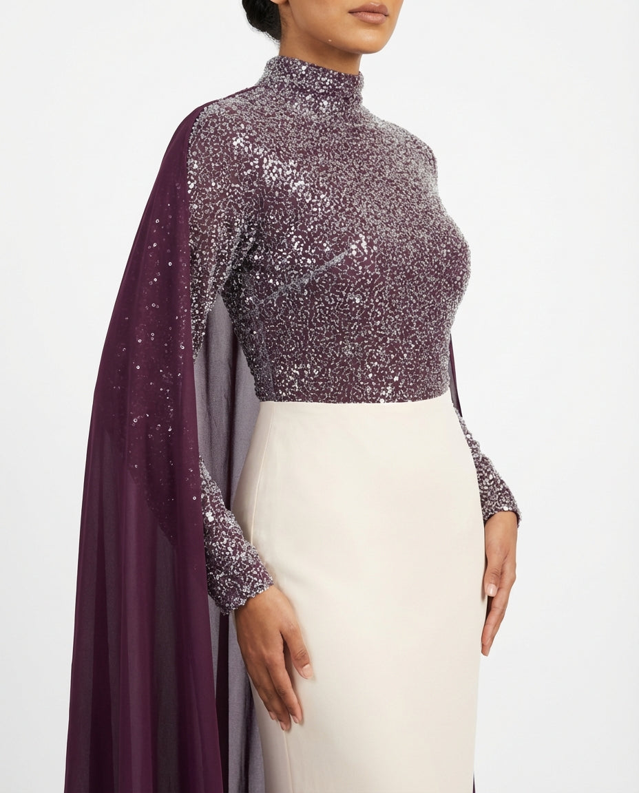 embellished high-neck maxi dress with flowing chiffon cape – ODD- ASHREF