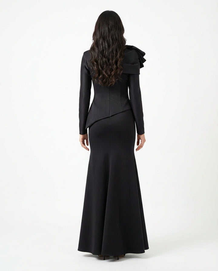 asymmetric structured peplum maxi dress with sculpted shoulder detail – ODD- ECLIPSE
