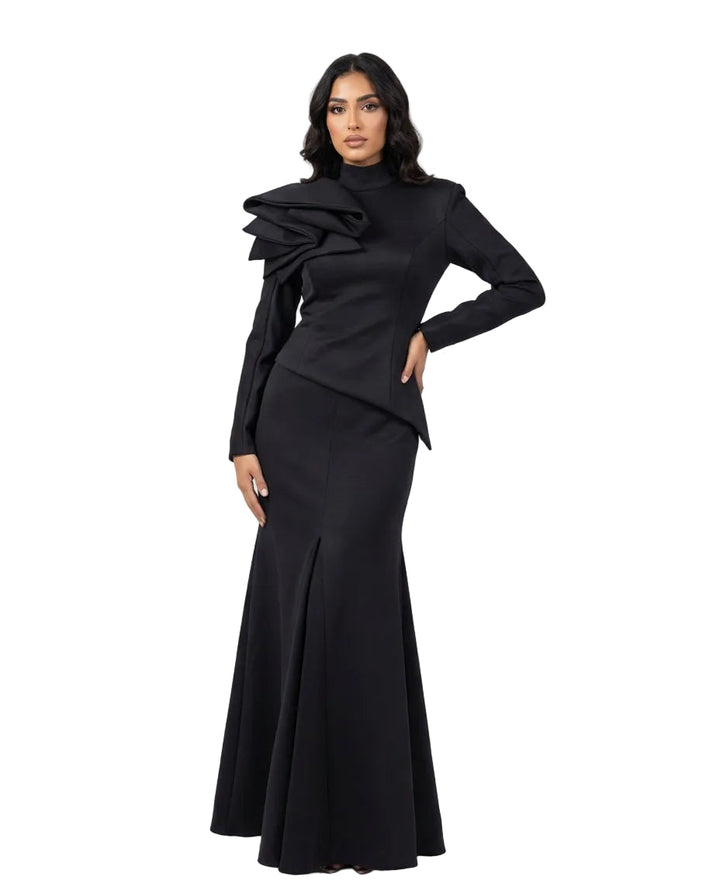 asymmetric structured peplum maxi dress with sculpted shoulder detail – ODD- ECLIPSE