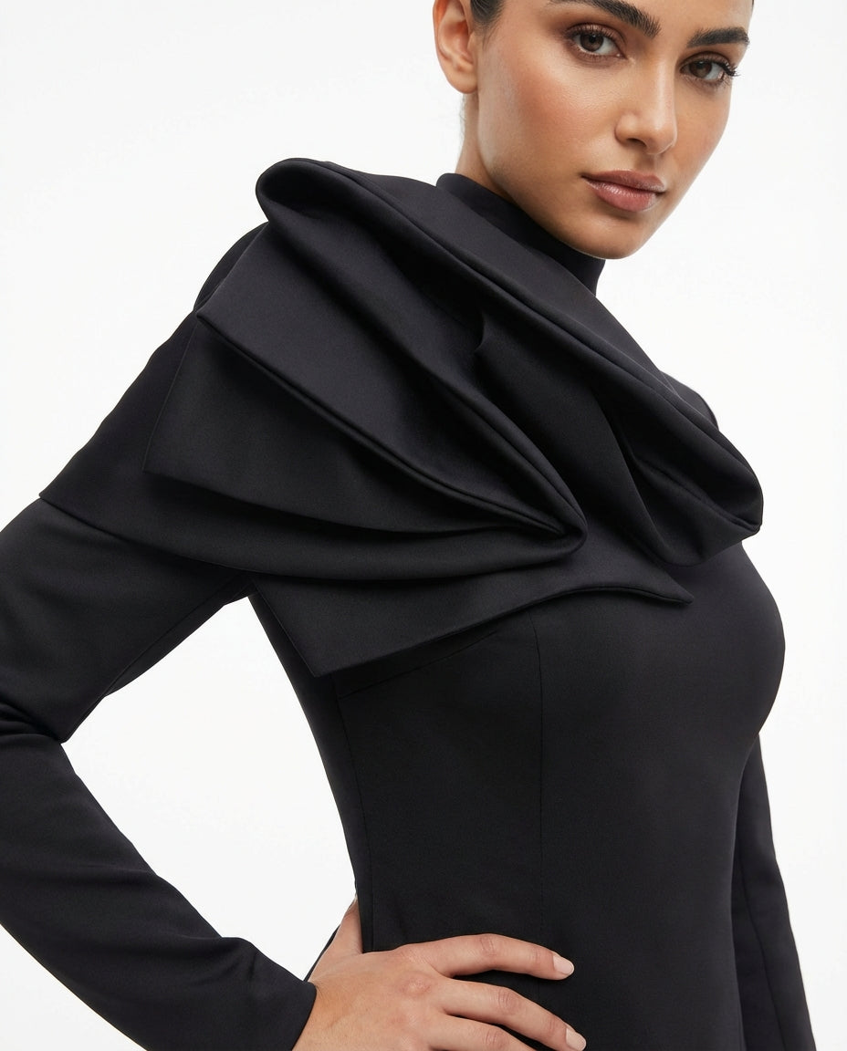 asymmetric structured peplum maxi dress with sculpted shoulder detail – ODD- ECLIPSE