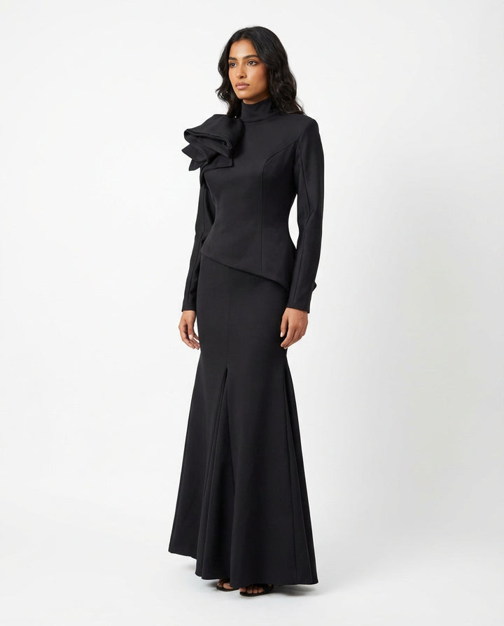 asymmetric structured peplum maxi dress with sculpted shoulder detail – ODD- ECLIPSE