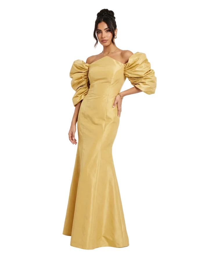 off-shoulder satin mermaid maxi dress with puff sleeves – ODD- AURELIA